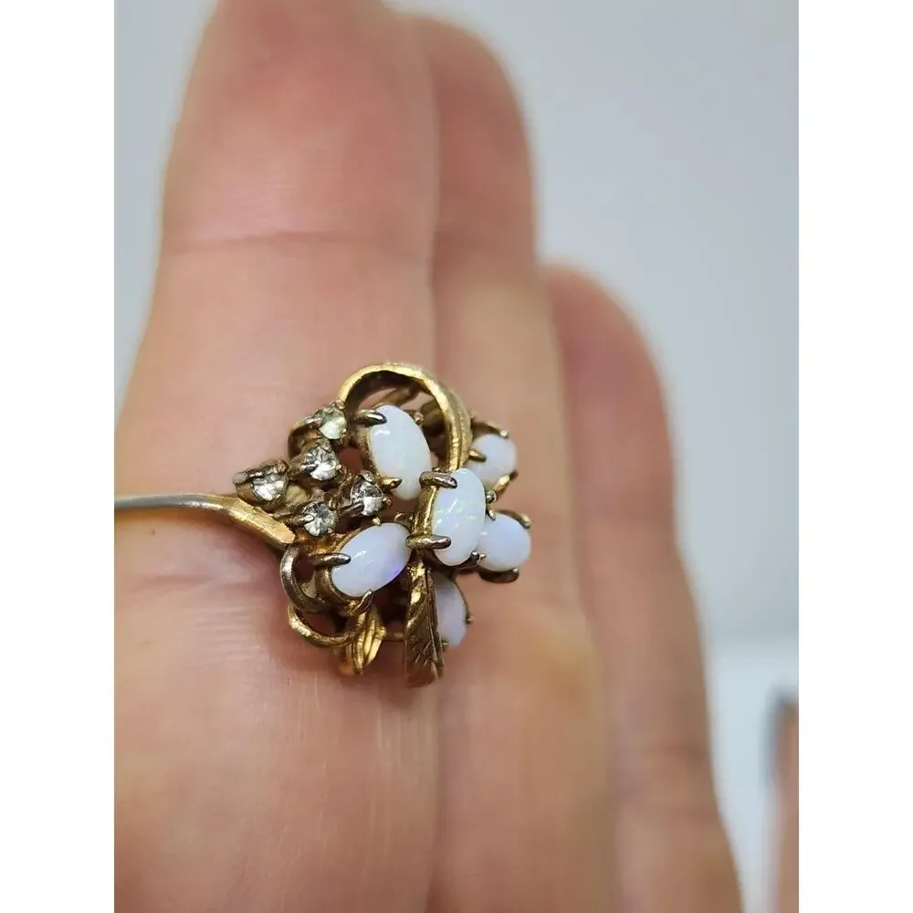 Vintage Opalene Rhinestone Cocktail Ring Gold Plated Floral Leaf Cluster Size 9